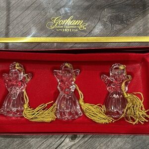 Vintage Gorham set of three crystal angel ornaments with gold tassels